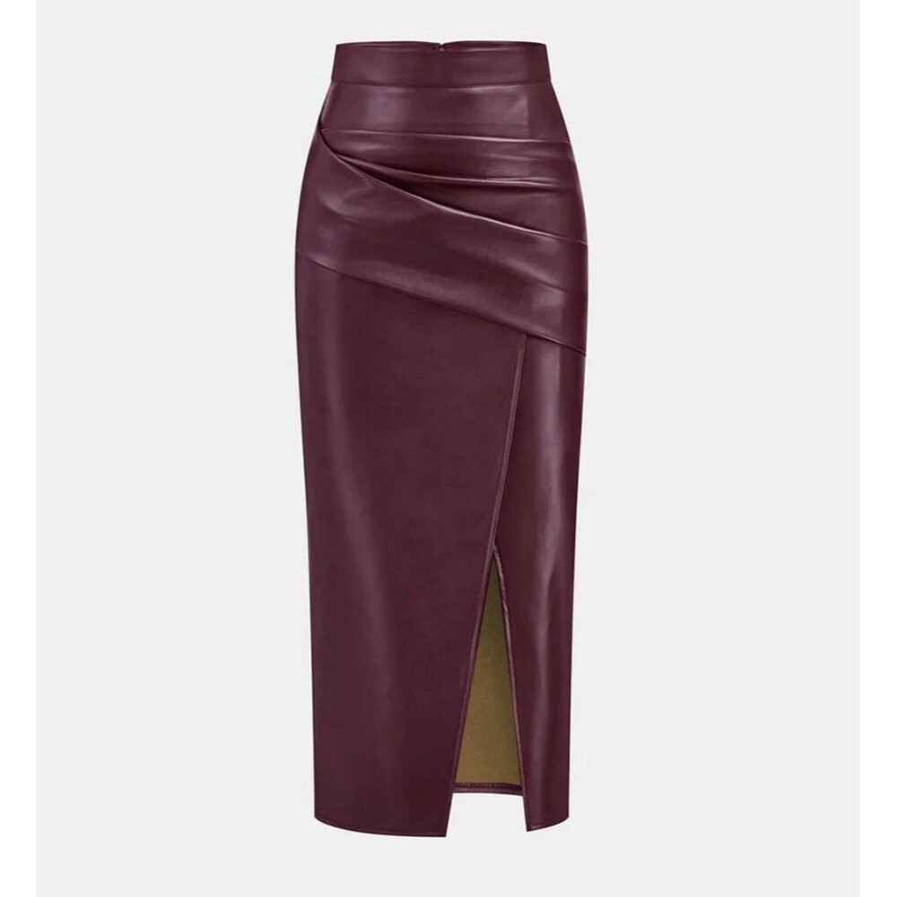 Commense Ruched Slit PU Leather Burgundy Midi Skirt Women’s Size XS NWT